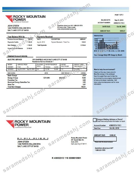 USA Utah Rocky Mountain Power electricity utility bill template in Word and PDF format